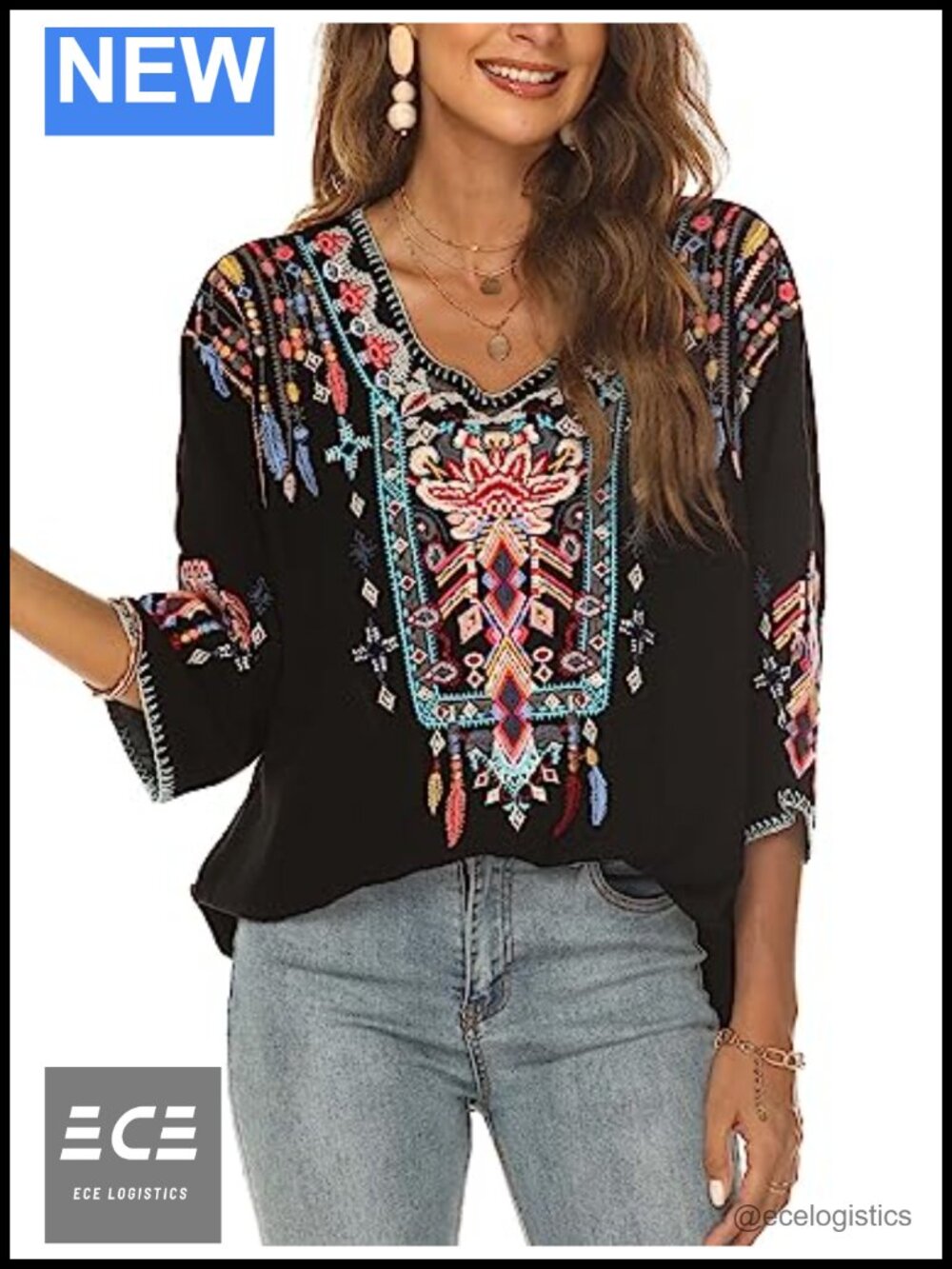 Women's Mexican Embroidered Boho Rayon Tunic Top 3/4 Sleeve Peasant Blouse
